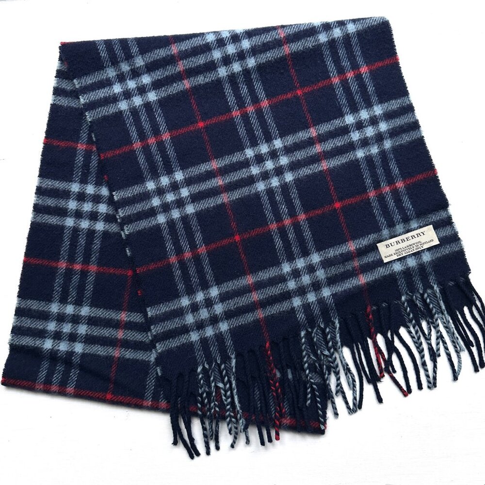 NEW - BURBERRY made in Scotland 100% Lambswool Paid Navy Scarf - UNISEX - Picture 6 of 7